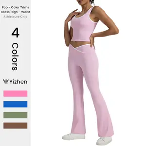 Yizhen Sports 2-in-1 Athleisure Set - Chic Pink Flared Workout Set with Built-in Bra Pad & Crossed High Waist for Sweat Sessions & Chill Time Women's Wear Yoga Bottoms Activewear Fitness