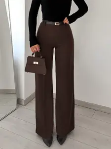 Women Reddish Brown High Waist Wide Leg Pants with Belt Stretch Work Trousers Elegant Office Pants Loose Fit Flare Leg Business Casual Palazzo Pants Comfortable Commuter Long Pants for Work Travel Daily Outfit