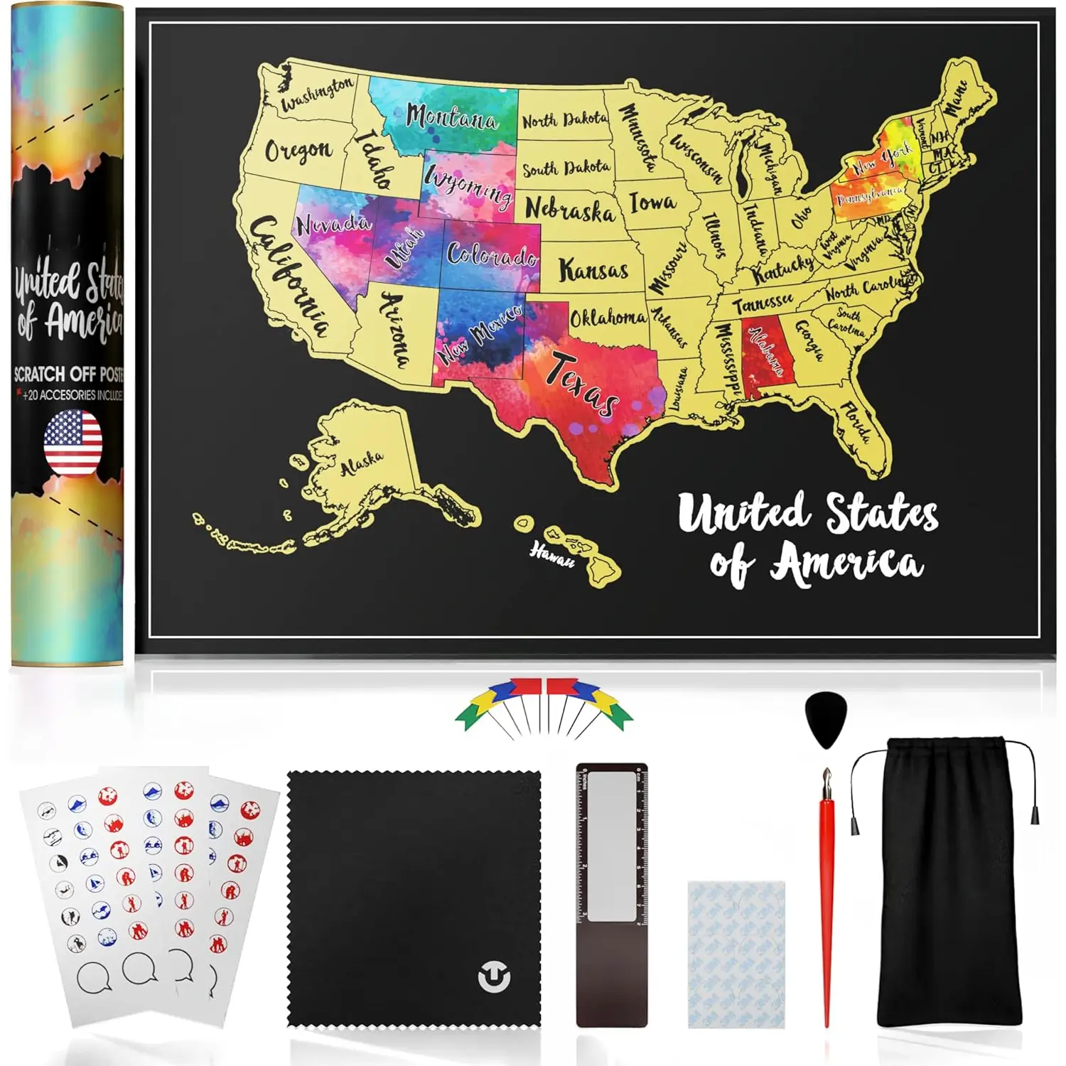 Scratch Off Map of , 12x17 inch  Poster for Travel , with 25  Accessories, Colorful Design, Travel  Ornament to Color  for Travelers