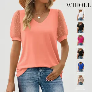 WIHOLL Womens Summer Tops V Neck T Shirts Swiss Dot Puff Sleeve Tops Loose Casual Tshirts SpringStatements Blouse Womenswear