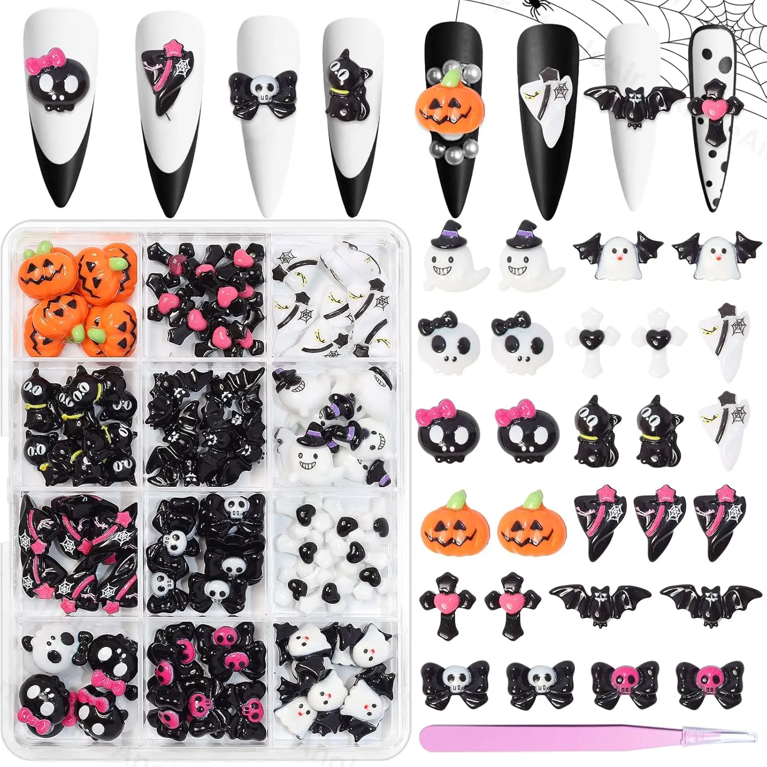 P-HDJ02   Halloween Resin Charms, 3D Vintage Punk Spider Skull Pumpkin Ghost Bat Nail Art Charms, Halloween Gothic Mini Figurines Charm for Nail Art Supplies DIY Crafts Accessories