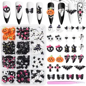 P-HDJ02   Halloween Resin Charms, 3D Vintage Punk Spider Skull Pumpkin Ghost Bat Nail Art Charms, Halloween Gothic Mini Figurines Charm for Nail Art Supplies DIY Crafts Accessories