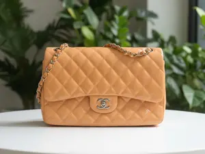 Pre-owned CHANEL Leather Shoulder Bags Peach Patent Double Flap Jumbo