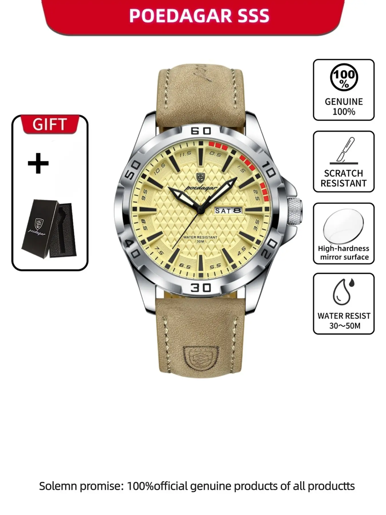 Poedagar Men's Watch Waterproof Night Light Date Weekly Watch Men's Quartz Sports Leather Watch Casual Men's Watch Waterproof Wristwatch Luminous Date Wristwatch Analog Quartz Watches Quartz Analog Wristwatch