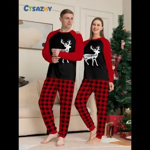 Christmas Couple Pajama Set, Reindeer Print Top & Plaid Pants, Casual Fall/Winter Loungewear, Comfortable Everyday Sleepwear