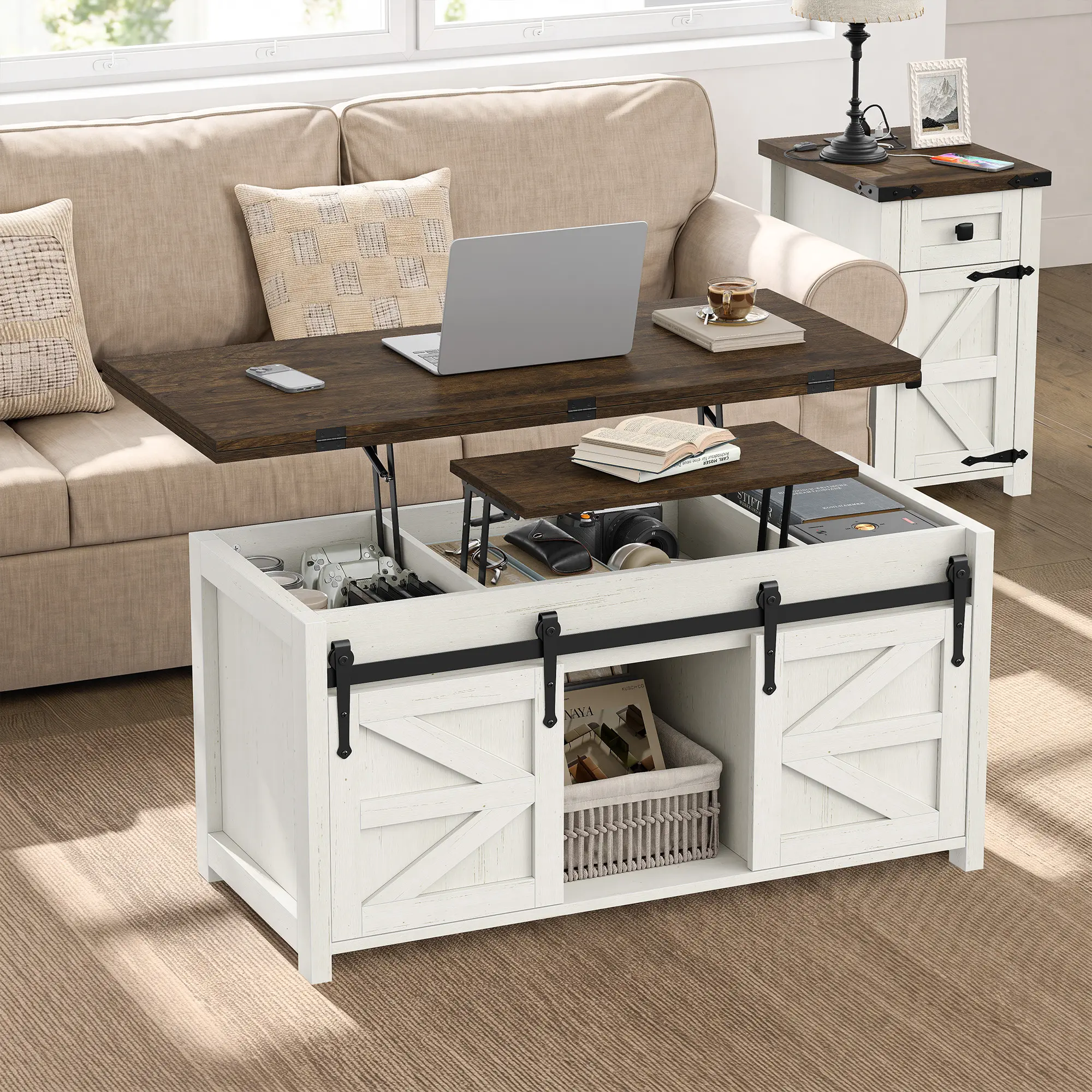 Rustic Adjustable Wooden Coffee Table - 4-in-1 Multifunctional Rectangular Lift-Top Table with Extra-Large Hidden Storage Compartment, Sliding Barn Door for Home Living Room