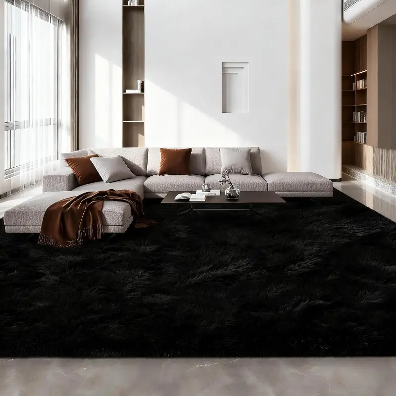 Modern plush 10x14 ft living room rug super soft fluffy non slip area rug black light gray dark gray interior decor Thanksgiving special