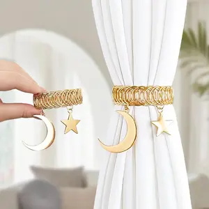 2pcs Light Luxury Metal Woven Star and Moon Curtain Tiebacks, Spring Curtain Rings, Exquisite Holiday Decorative Curtain Ties
