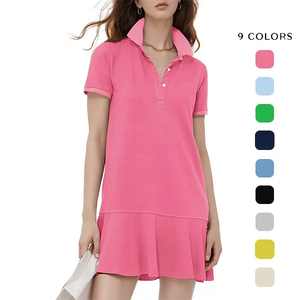 Women's Pull-On Collared V-Neck Ruffle Hem Athleisure Polo Casual Dress - Comfortable Short-Sleeve Summer Basic for Golf, Tennis, Athleisure Casual Dresses, Comfortable Casual Dresses