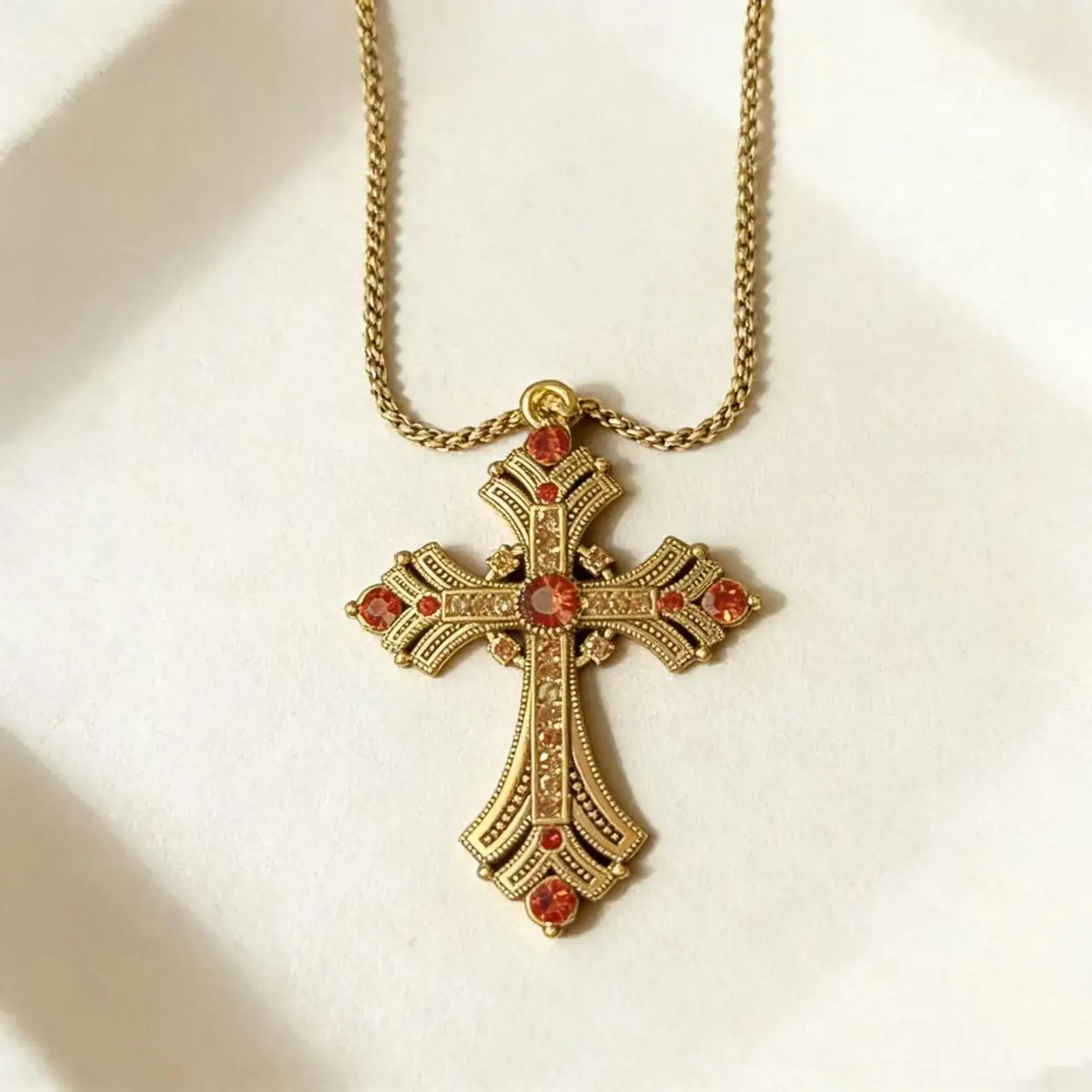 Handmade Unisex Punk-Style Gothic Cross Pendant Necklace - Antique Gold Finish, 52×73mm, Layered Details, Rhinestones, Baroque Design, Alloy Base, Distressed Look, Casual Wear, Custom Jewelry Projects, Women's Gift, Cross Necklaces, 52 × 73 Mm, Daily, Ret