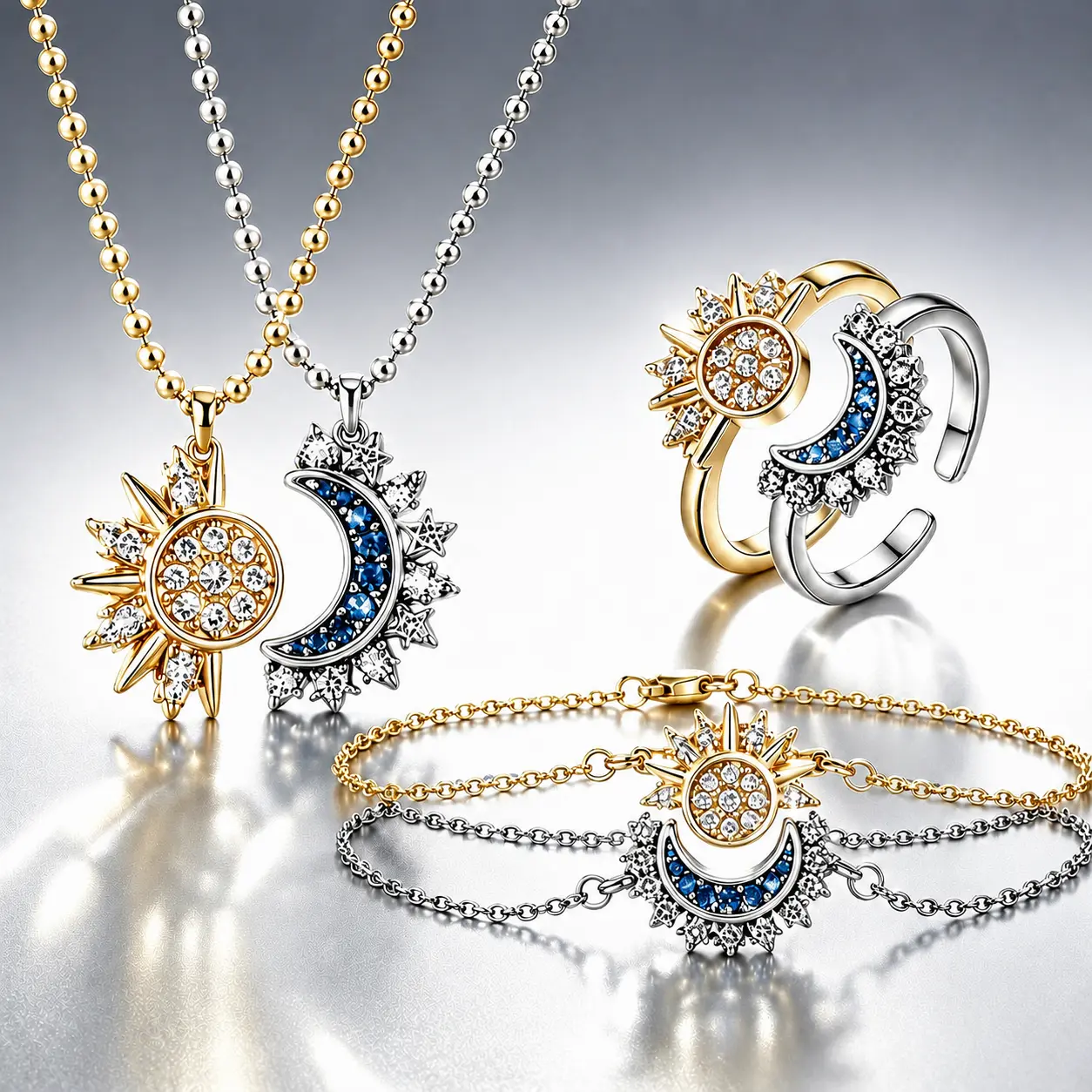 Sun and Moon Jewelry Set, Celestial Necklace Ring Bracelet Set, Gold and Silver Matching Jewelry, Y2K Aesthetic Accessories for Women,Thoughtful Gifts for Best Friends/Bestie/Couple,Freak Gifts for Her