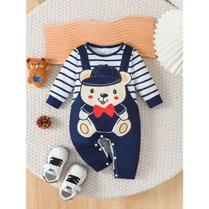 Baby First Baby Boys and Girls Newborn Baby Boys and Girls Toddler Cute Fashionable Trendy Fake Suspenders Pants Bear Print Long Sleeve Long Pants Romper Comfortable Regular Romper, for Outdoor