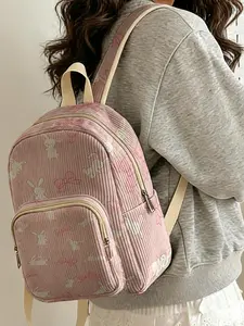 1 piece of Black Cat & Mouse 2D Print Women's Backpack, Corduroy Texture with Multi-layer Storage | For School & Daily Outings, Stylish and Practical