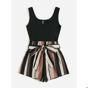 Romper Block Neck Beach Summer tiktok VCAY Women Notched Stripe Belted Tank