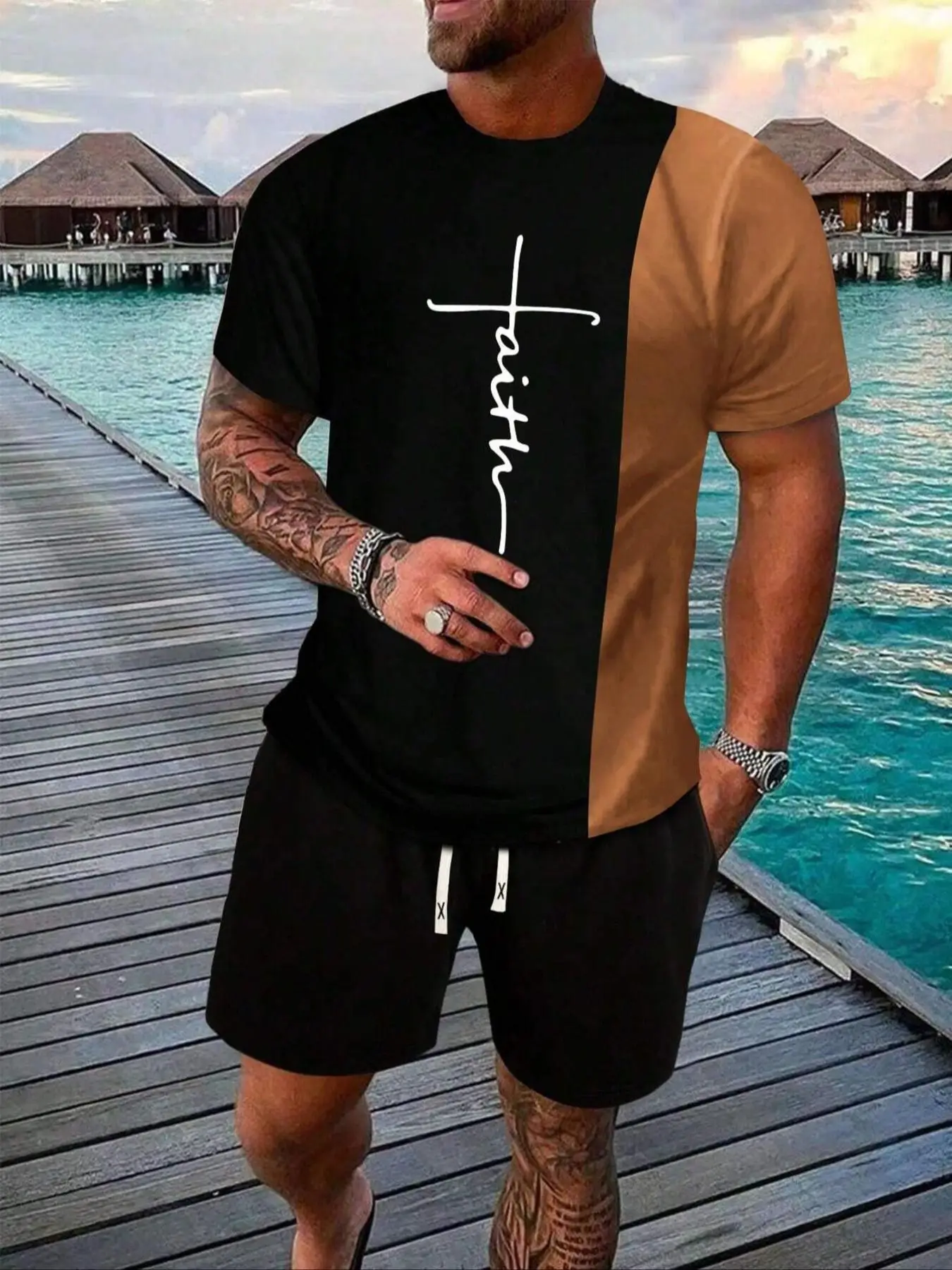2 Counts Men's Colorblock Letter Print Tee & Drawstring Waist Shorts Set, Regular Fit Casual Short Sleeve T-shirt & Pocket Shorts, Summer Outfits 2024