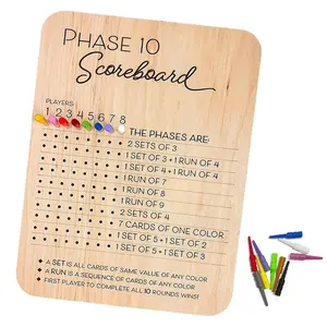 Phase 10 Score Board - 2025 Phase 10 Scoreboard Game with 10 Colored Pegs, Phase 10 Card Game Wooden Made, Phase 10 Scoreboard Round Tracker Board Card Games Night Table Score