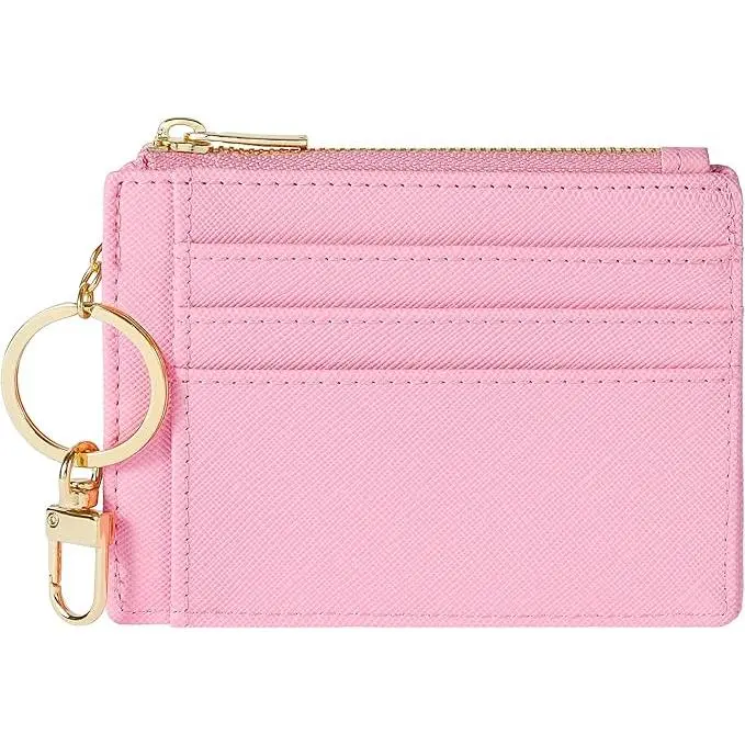 Minimalist Mini Wallet Keychains for Women, Slim Faux Leather Card Holder with ID Window and Zipper Pocket
