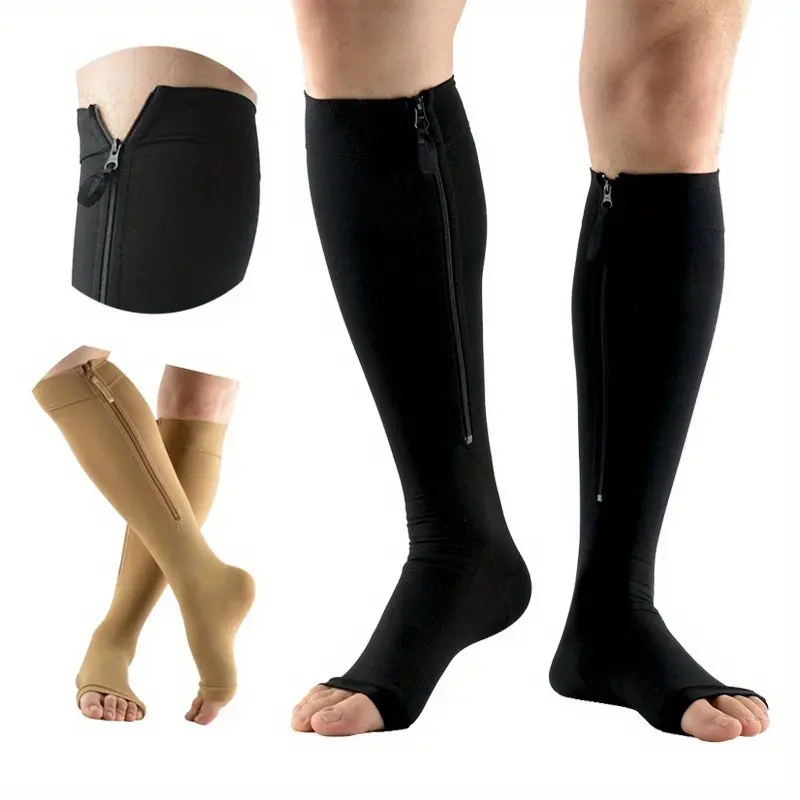 Women's Zippered Open Toe Knee High Breathable Compression Socks - Apricot+Black-2 Pairs, Thin Stretchy Fabric, Anti-Fatigue, Ideal for Bridal Wear