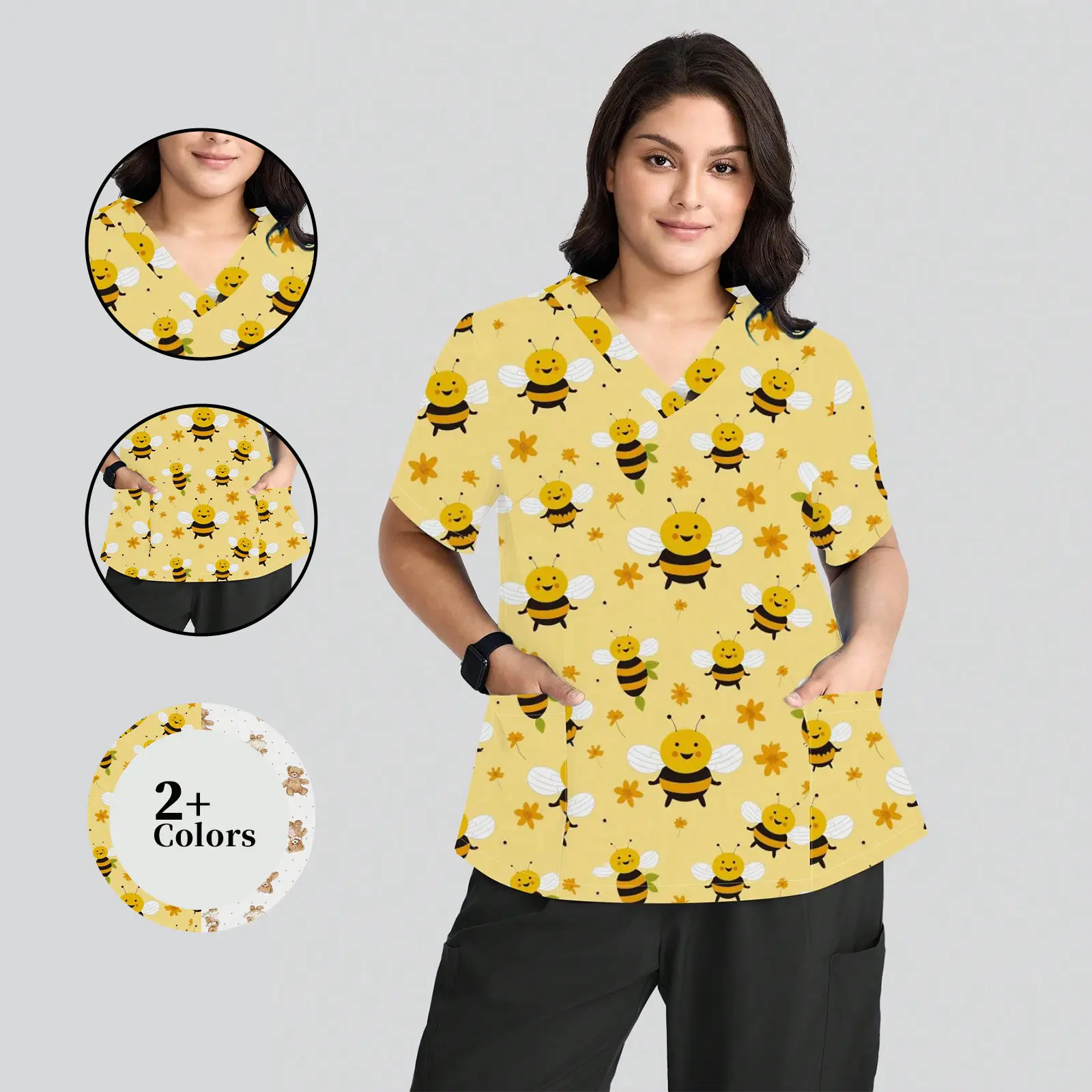 Cimmuovere Women's V-neck Scrubs Set - Yellow Regular Fit Short Sleeves Dual Pocket Design Urban Daily Essential Uniform - Enhance Functionality with Machine Washable Non-Stretch Polyester Fabric