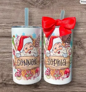 Personalized Santa Christmas Tumbler for Kids, Kids Stocking Stuffers, Kids Christmas Gifts, Kids Tumbler with Lid and Straw, Christmas Cups