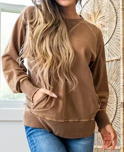 Zenana Pigment Dyed French Terry Pullover with Pockets - Brown