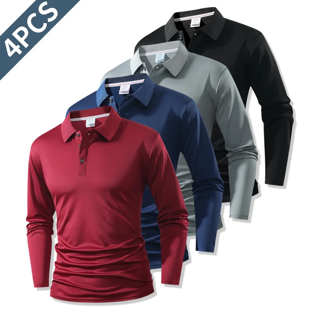 Men's 4-Piece Long-Sleeved Polo Shirt Set Quick-drying Golf Tennis clothing Comfortable elastic fabric, suitable for daily wear, men's sports long-sleeved bottoming shirt, basic POLO shirt