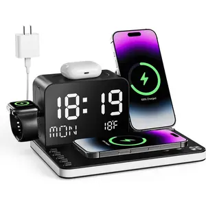 7-in-1 Wireless Charging Station: Charger Stand for Multiple Devices for Apple - iPhone 16 15 14 13 12 Pro Max Apple Watch Airpods, Wireless Charger iPhone Charging Station with Bluetooth TimeSyn