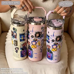 900ML-30oz Ghost Mom Theme Insulated Stainless Steel Cup Vacuum Thermo Flask Drinkware Mug, Dual Layer, Flat Bottom, Straw & Direct Drink, Portable, Outdoor, Office, Home, Travel Gift