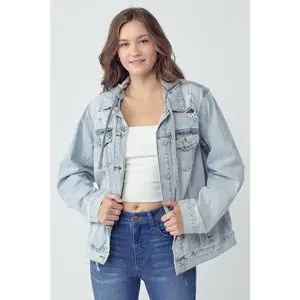 RISEN Full Size Distressed Drawstring Hooded Denim Jacket