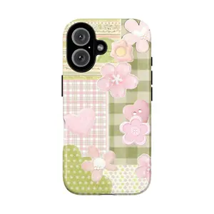 Patchwork Flower iPhone Case | Pastel Pink Green Aesthetic Phone Cover with Hearts and Buttons for iPhone 7 8 X 11 12 13 14 15 16 and Samsung S21 S22 S23 S24