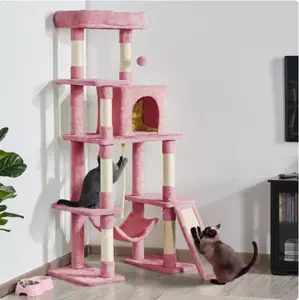 Yaheetech Large Cat Tower with Hammock and Scratching Post - 63 inch, Small House, Hammock, Hanging Ball and Extendable Platform for Cats to Play and Sleep - Large Cat House, Luxury Cat Tower with Small House, Platform, Scratching Board, Scratching Post