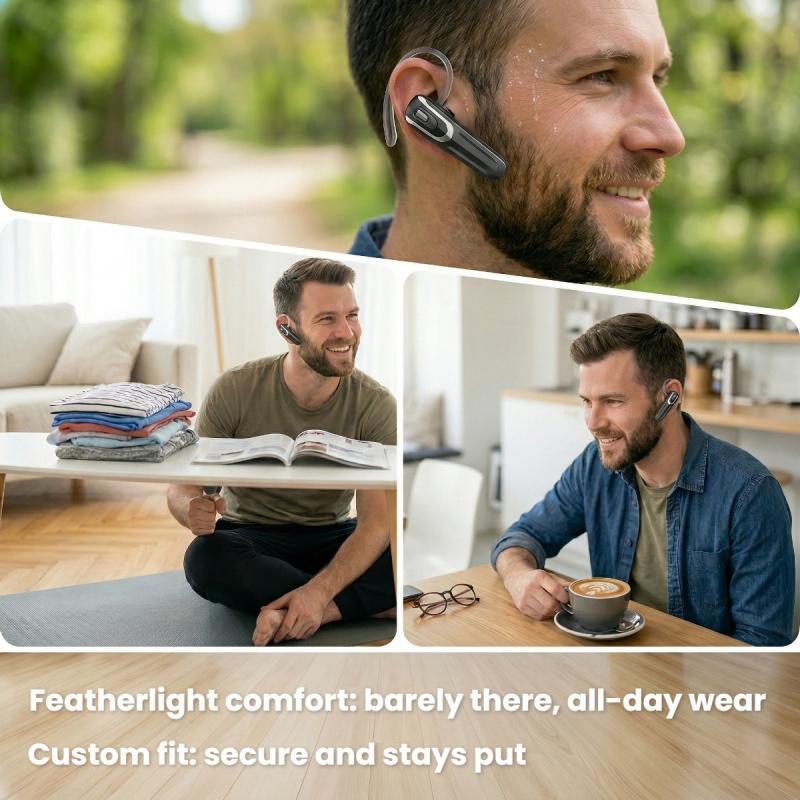 YUEYINOK Single-Ear Earphone, Bluetooth Earpiece, Hands Free Bluetooth Headset for Office, Remote Work & Daily Calls, Clear Calls, One-Touch Control, 38H Talk Time, hands free headset for work calls, bluetooth earpiece for office calls