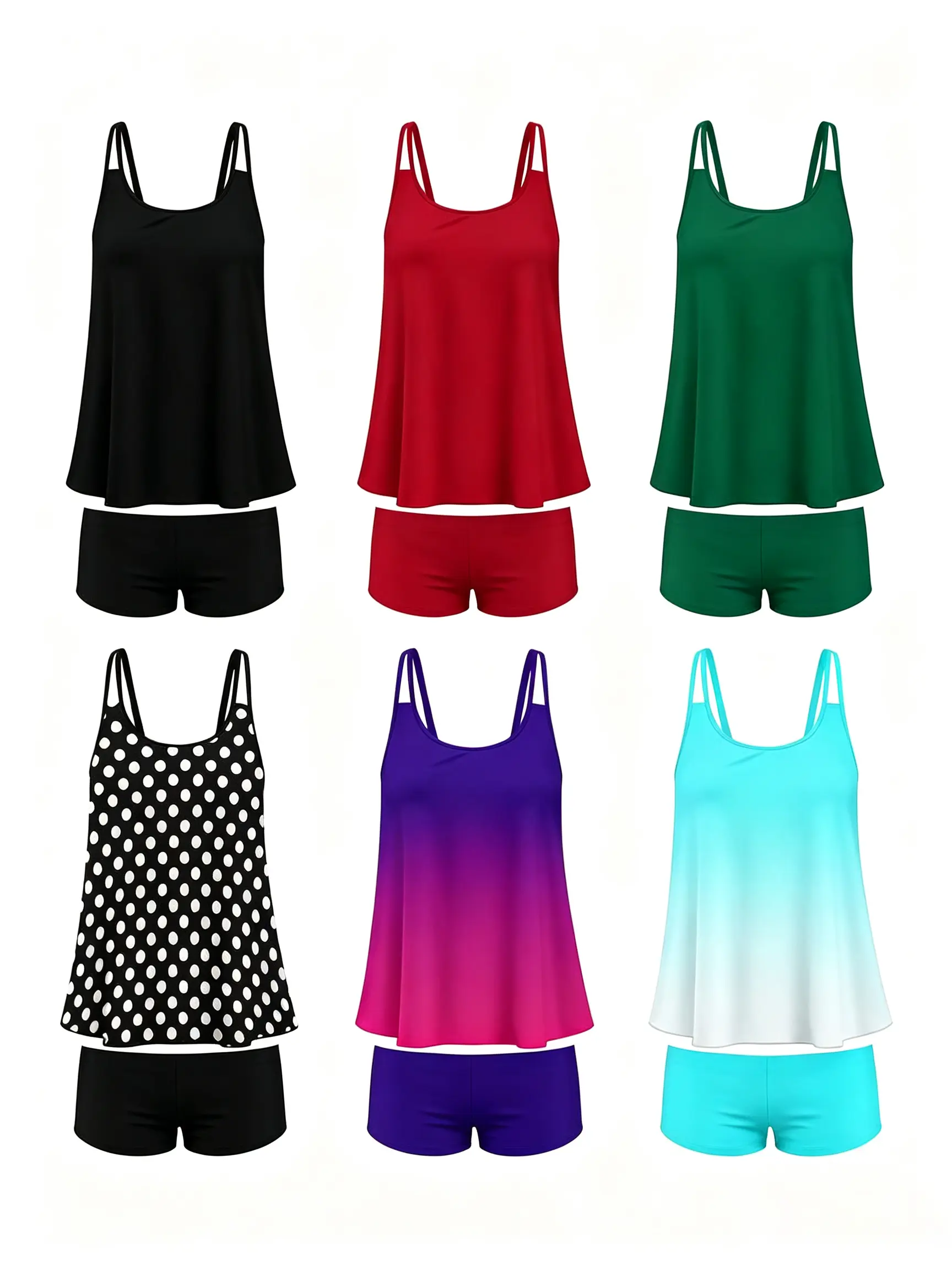 AirFun Women's 2-Piece Swimdress Set - Skirt Top & Boxer Swim Trunks - Solid, Gradient, Polka Dot Prints - Beach, Pool Wear