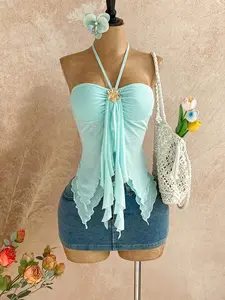 Women's Asymmetrical Hem Camisole With Seashell Decor, Suitable For Beach Vacation, Summer Summer Spring Valentine's Day Casual Vacation  Beach Wedding Birthday Going Out Elegant Casual Vacation Beach Tops For Women Sexy Summer Top Sexy Tankini Sw