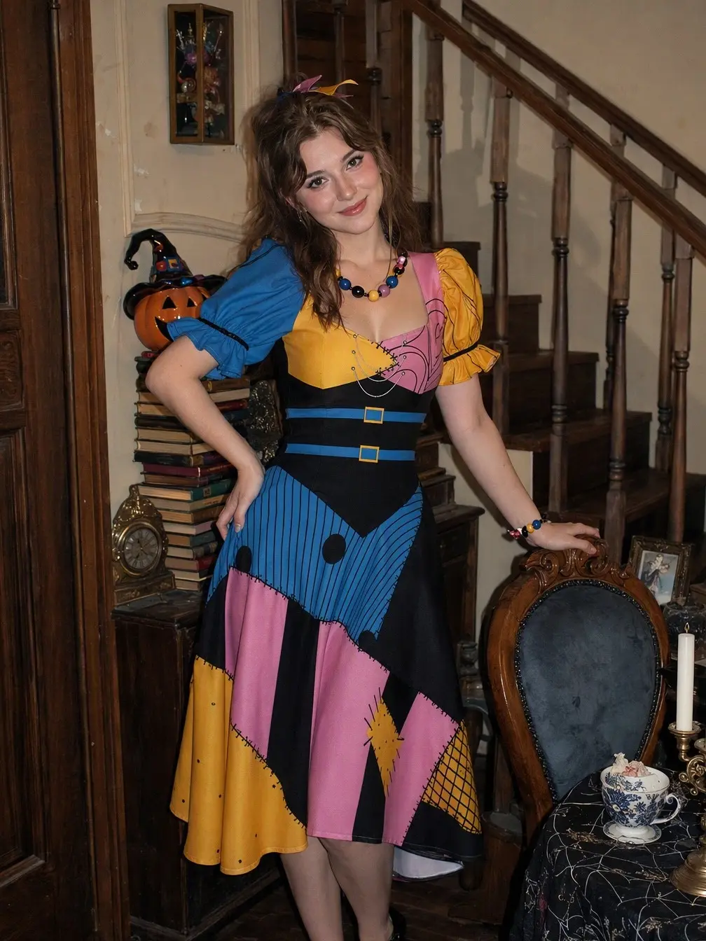 Multicolor 1950s Sweetheart Neck Patchwork Sally Dress Halloween