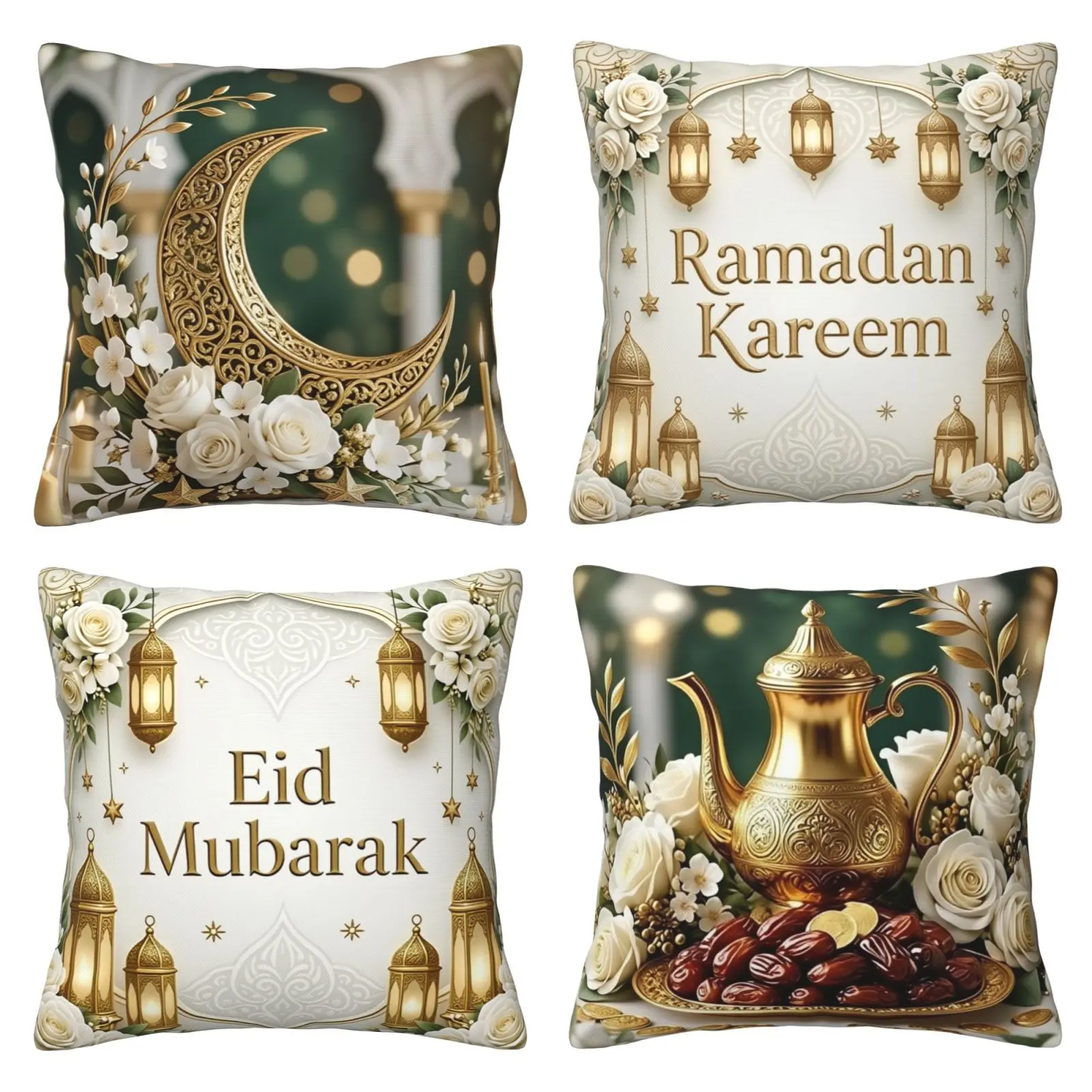 Crescent shaped pillowcase four piece set, elegant lantern flower Ramadan gold decorative pillowcase for holidays, suitable for decorating living rooms, beds, offices, sofas, chairs, 4-piece set with double-sided printing