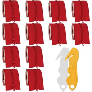 12-Pack Red Heavy-Duty Self-Adhesive Zipper Tape with Bonus Film Cutter 7 Feet x 3 Inches Double-Sided Self-Adhesive Zipper Door Suitable for Dust Barrier, Greenhouse, Construction Site