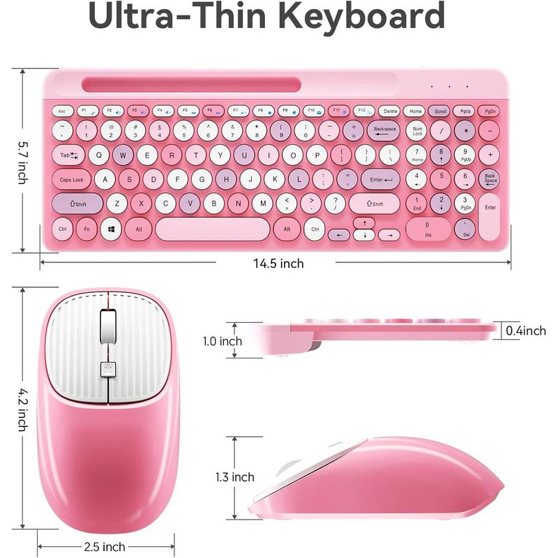 F-KBB01 Retro Wireless Keyboard with Round Keycaps, 2.4GHz Full-Size USB Cute Wireless Keyboard Mouse for Computer, Desktop, Laptop and Computer (Pink-Colorful)