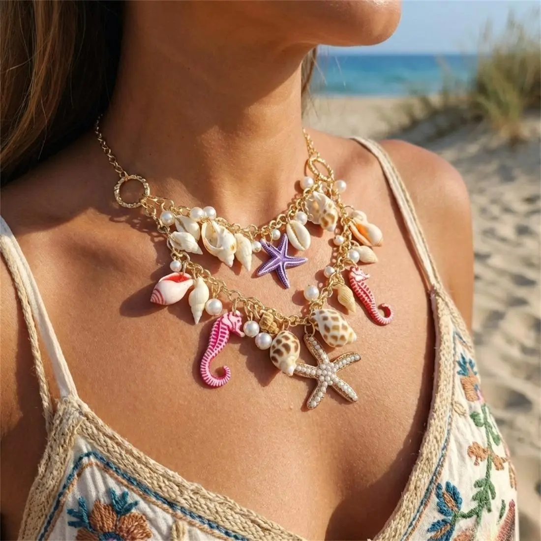 Coastal Cowgirl Shell Starfish Pearl Necklace for Women, Beach Vacation Jewelry, Mermaidcore Beaded Choker, Ocean-Inspired Summer Layering Necklace, Resort Travel Accessories Gift