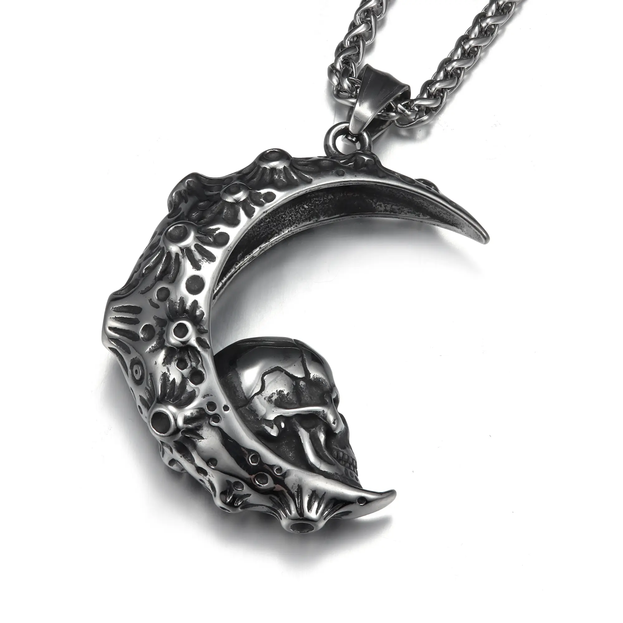 GTHIC Stainless Steel The Moon and Skull Pendant Vintage Gothic Necklace Gifts for Men Women