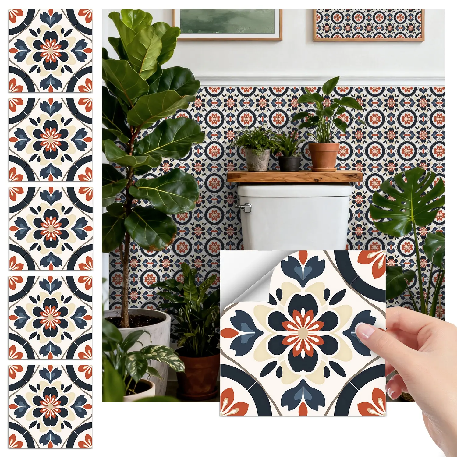 24PCS/Box FHZ Classic Art Decorative Tile Stickers | Retro Mexican Color-Block Floral Geometric Pattern Matte PET | Peel & Stick Removable Waterproof Oil-Proof Kitchen Backsplash Wall Decor