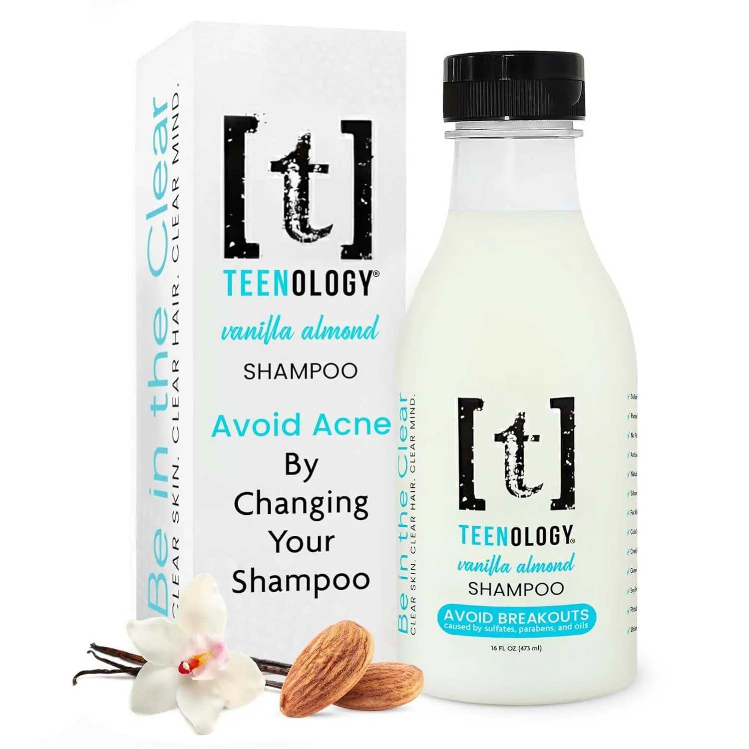 TEENOLOGY Teen Safe Shampoo to Avoid Acne - Dermatologist Recommended - No Sulfates, Parabens, or Pore-clogging Oils, Noncomedogenic, Moisturizing Haircare for Teens with Forehead or Body Acne, Hydrating Blend, Vanilla Almond Aroma