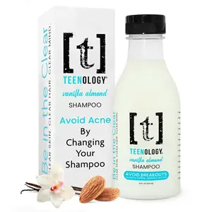 TEENOLOGY Teen Safe Shampoo to Avoid Acne - Dermatologist Recommended - No Sulfates, Parabens, or Pore-clogging Oils, Noncomedogenic, Moisturizing Haircare for Teens with Forehead or Body Acne, Hydrating Blend, Vanilla Almond Aroma
