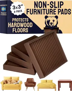3X3 Square Rubber Furniture Caster Cups with Anti-Sliding Floor Grip (Set of 4) Brown