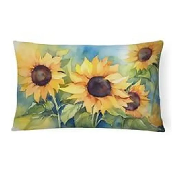 Unisex 16x12 in. Watercolor Sunflowers Fabric Decorative Pillow - Adult Porch Outdoor Furniture Accessory with Colorfast Dyes, Durable Flowers Design, Sunflowers In Watercolor