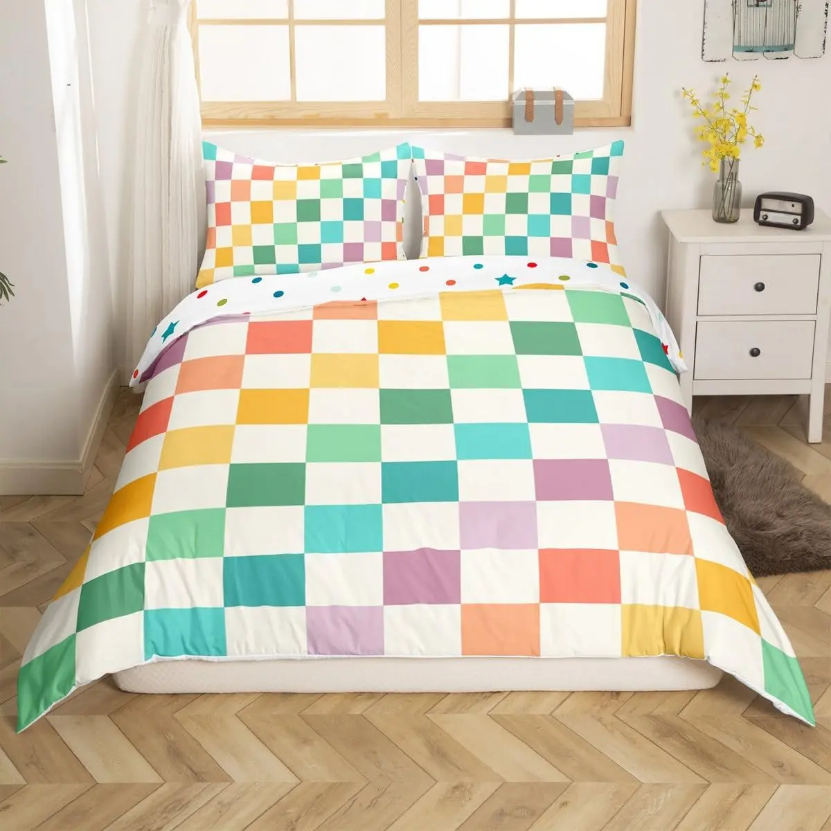 Multicolored Checkered Retro Bedding Set Geometric Vintage Duvet Cover Green Yellow Colorful Comforter Cover Modern Simple Groovy Aesthetic Room Decor