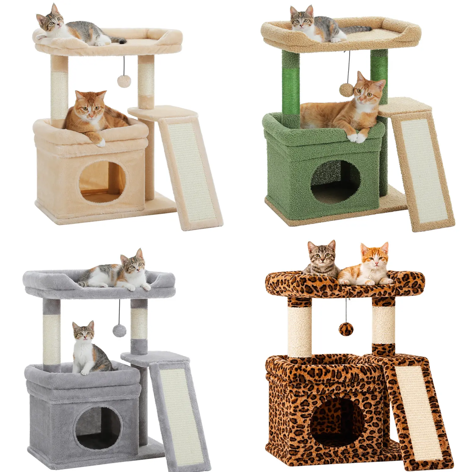 27IN Small Cat Tree Tower for Small Cats, Compact Cat Tree with Wide Top Perch, Private Condo, Sisal Scratching Posts & Pad, Stable Indoor Cat Furniture, Beige, Grey, Green, Leopard print