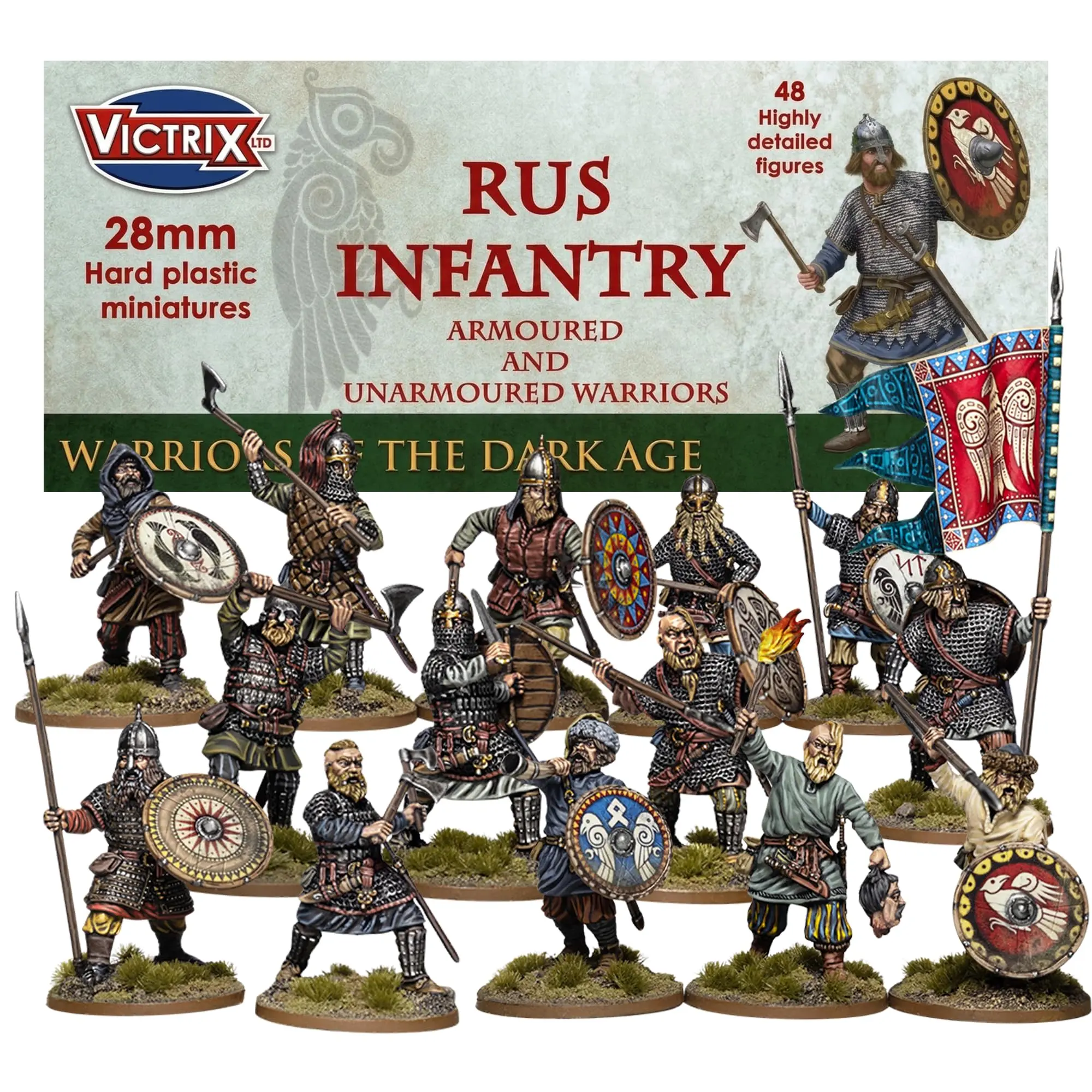 Wargames Delivered - 48 Victrix Rus Infantry with Bonus Miniature STL - 8th-9th Century Action Figures