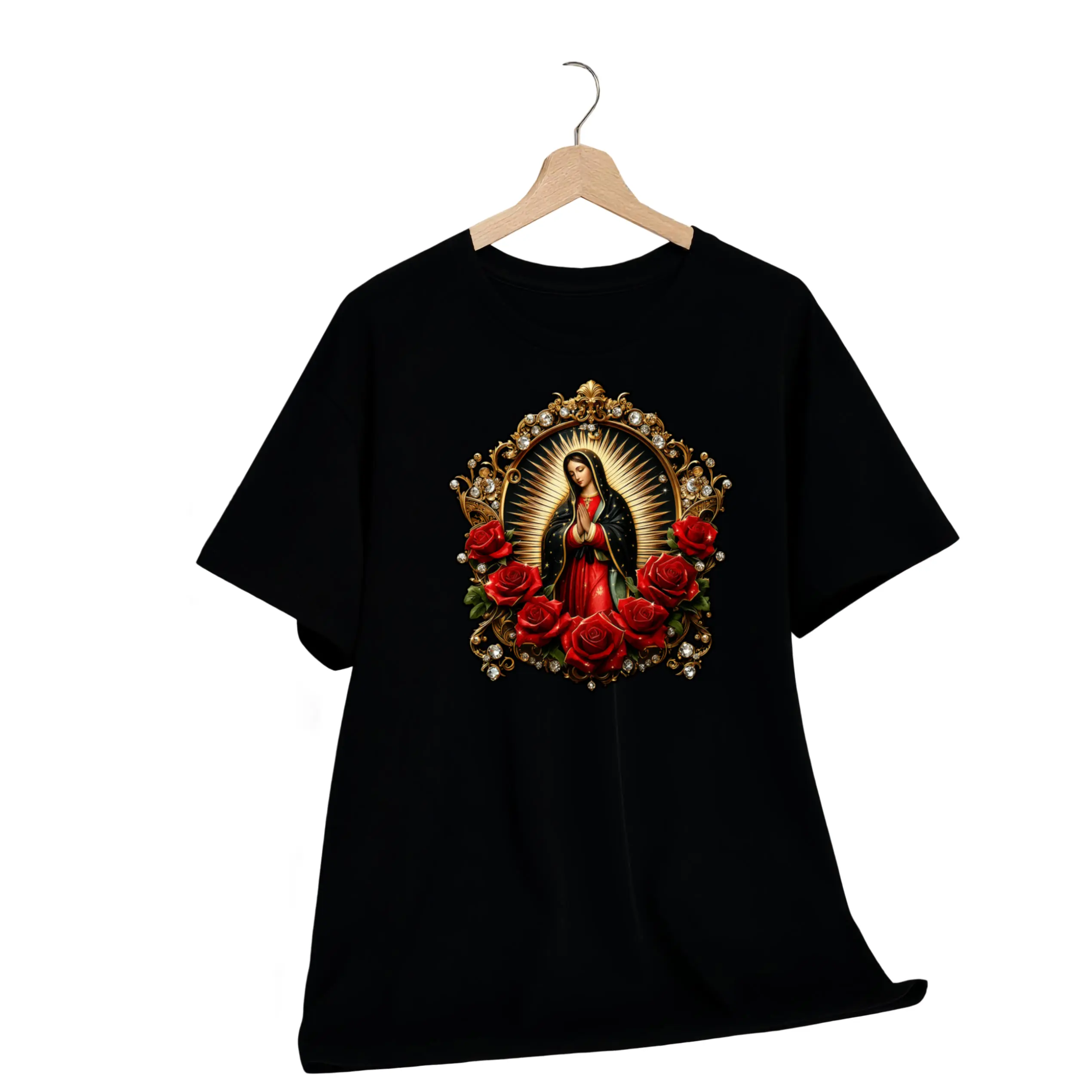 Chic Womens Printed Round Neck Short Sleeve Casual TShirt Featuring Virgin Mary Among Roses Ideal Spring and Summer Gift for Sisters or Wives