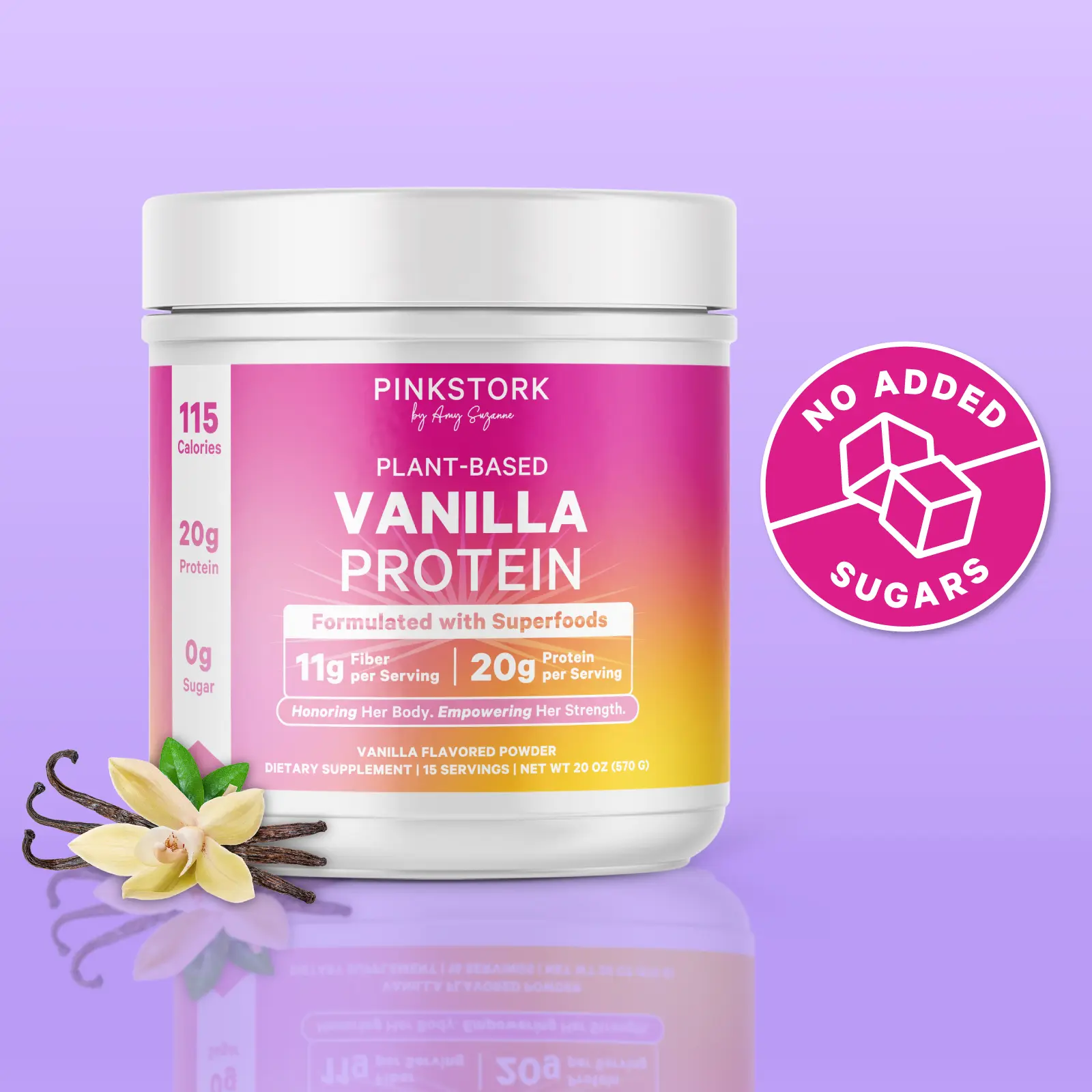 Pink Stork 20 g Protein + Fiber + Superfoods | Vegan | Vanilla | 0 g Sugar, Sweetened with Monk Fruit | 115 Calories | Plant-Based Pea Protein | Formulated for Women | Energy, Digestion, No-Bloat Blend